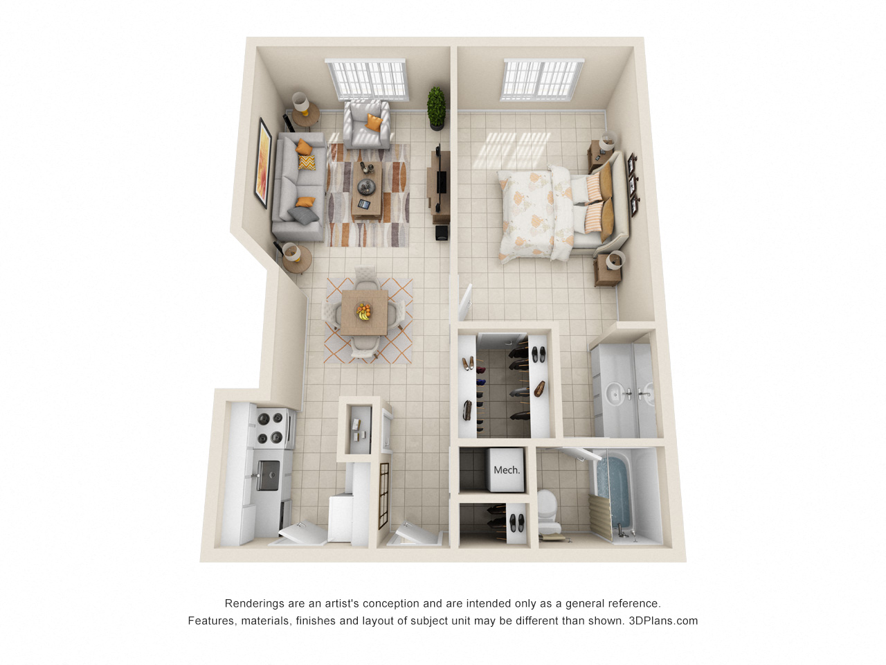Floor plan for 1 bed, 1 bath, 630 sqft